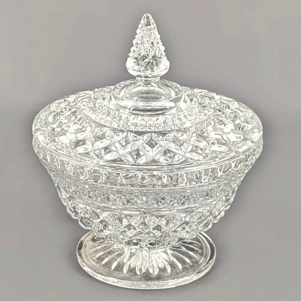 Vintage Clear Pressed Glass Pedestal Candy Dish with Lid Diamond Pattern 8in